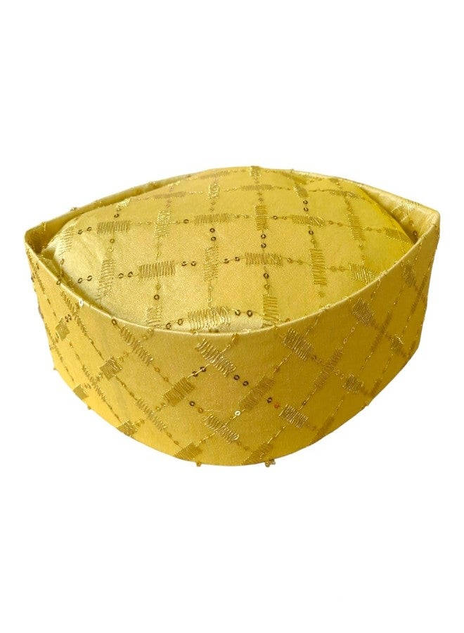 BANI THANI® Men’s Wedding Kasida Topi | Traditional Pooja & Engagement Cap | Sakharpuda Fancy Chikankari Work (Golden Topi) - Image 1